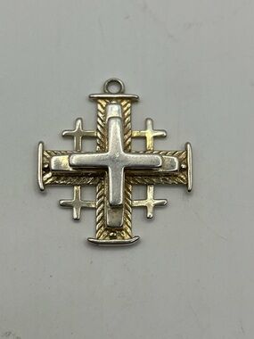 Two-Tone Jerusalem Cross Pendant Accent - Silver and Gold. Multi layered. 925